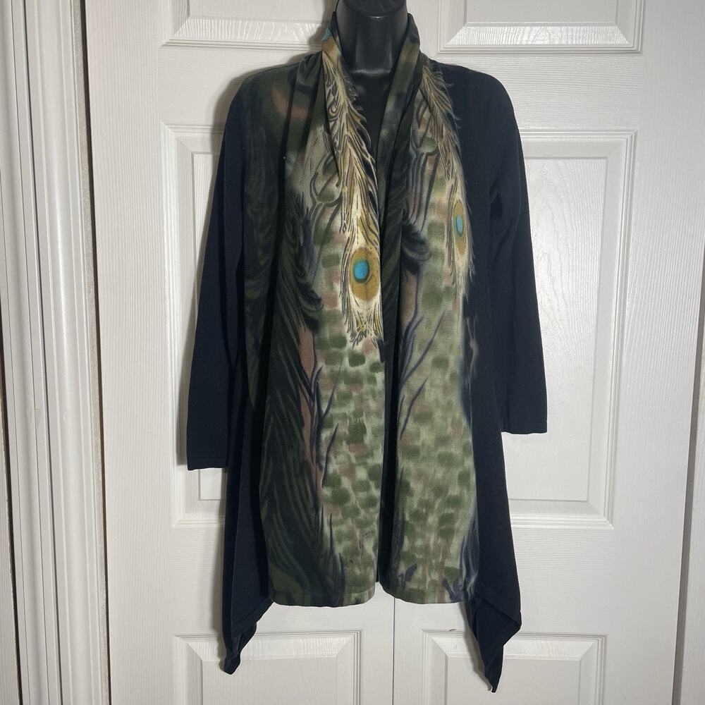 Adore Cardigan Women Small Black Peacock Feather Asymmetrical Hem Open‎ Front